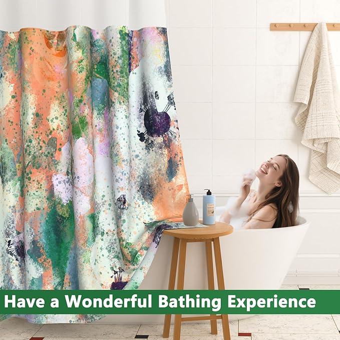 Abstract Colorful Shower Curtain with Liner, Watercolor Modern Aesthetic Bathroom Curtains, Hotel Style Double Layers No Hook Shower Curtain, Washable Waterproof Fabric, Green Yellow 71x74 inch - ModernBath