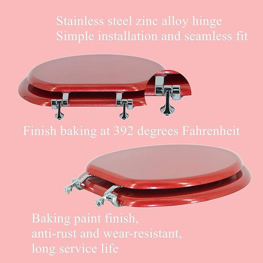 BLOFDE Round Toilet Seat Wood Toilet Seat Prevent Shifting with Zinc Alloy Hinges American Standard Size Toilet Seat Easy to Install also Easy to Clean (Round,Sparkling Christmas Red) - ModernBath