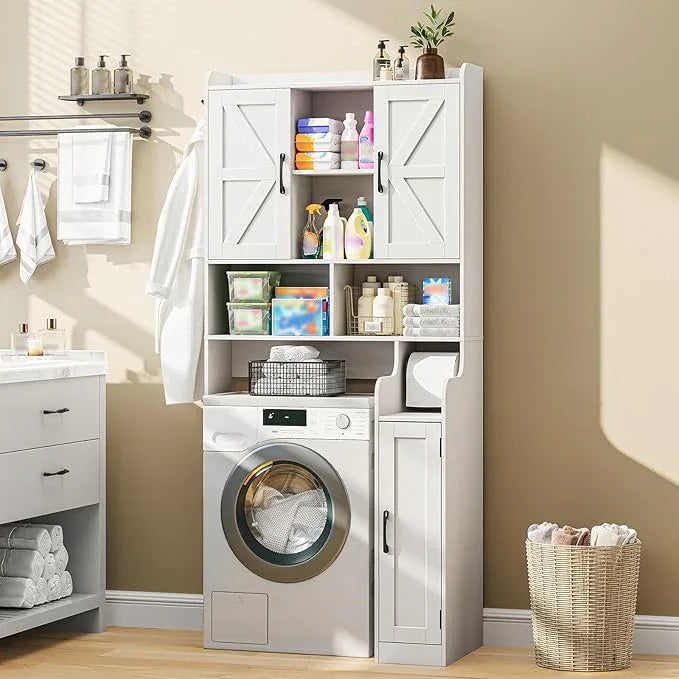 Over The Toilet Storage Cabinet, Bathroom Over Toilet Storage Organizer with Barn Doors and Paper Holder Stand Farmhouse Space Saving Rack Cabinet with Adjustable Shelves for Bathroom, Laundry (White) - ModernBath