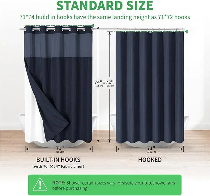 eachope No Hooks Needed Linen Textured Shower Curtain with Snap-in Fabric Liner Set,Hotel Luxury Decor Waterproof Shower Curtains for Bathroom with Mesh Top Window,Washable,71Wx74H,Navy Blue - ModernBath