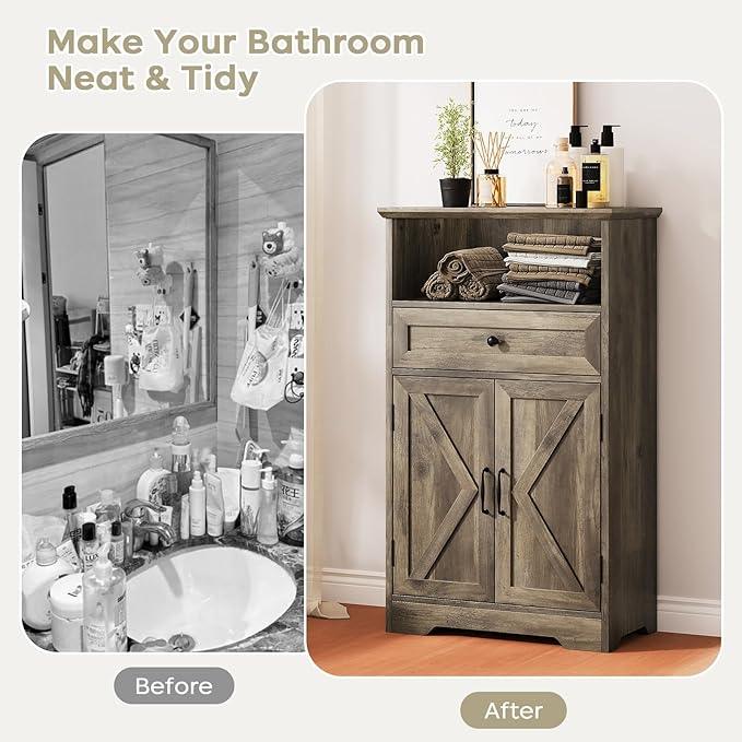 Floor Cabinet, Farmhouse Storage Cabinet with Barn Doors and Drawer, 11.81" D x 23.62" W x 39.37" H Grey Freestanding Adjustable Shelf Organizer for Bathroom, Kitchen, Living Room - ModernBath