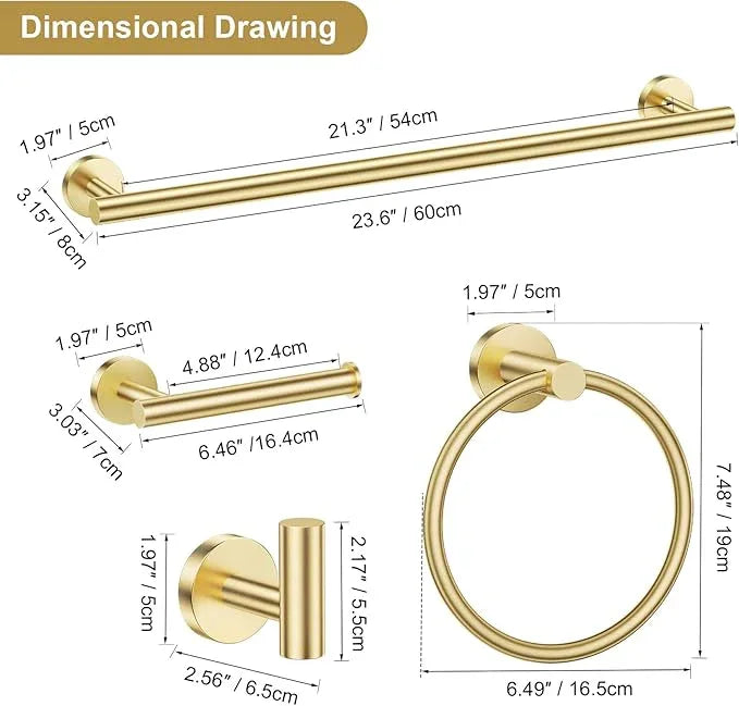 Lairuier Brushed Gold Bathroom Hardware Set, 10-Piece Towel Bar Set SUS304 Stainless Steel Bathroom Hardware Accessories Set Round Towel Holder Set Wall Mounted - ModernBath