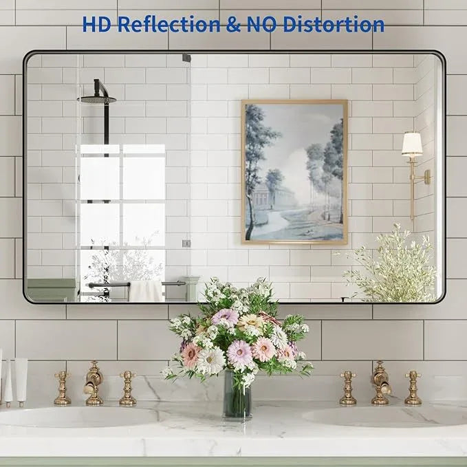 WEER Black Bathroom Mirror for Wall, 40X24 Inch Matte Black Mirror, Rectangular Black Metal Framed Vanity Mirror with Tempered Glass, Rounded Corner, Anti-Rust (Horizontal/Vertical) - ModernBath
