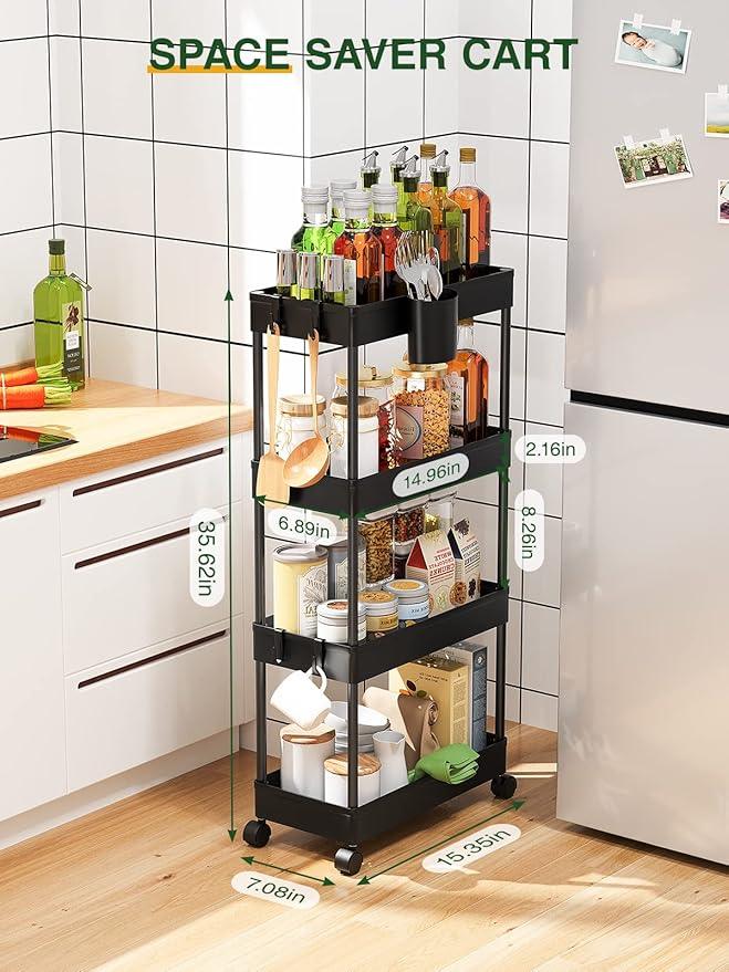 LEHOM Slim Rolling Storage Cart - 4 Tiers Bathroom Organizer Utility Cart Slide Out Storage Shelves Mobile Shelving Unit for Kitchen, Bedroom, Office, Laundry Room, Small Narrow Spaces（7.1" W+Black） - ModernBath