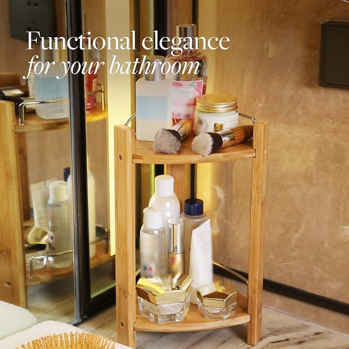 GOBAM Bamboo Shower Corner Caddy, Medium - 2 Tier Bathroom Organizer Countertop for Shampoo, Conditioner, Lotion, Soap - Standing Shower Stand for Kitchen, Bedroom, or Office - ModernBath