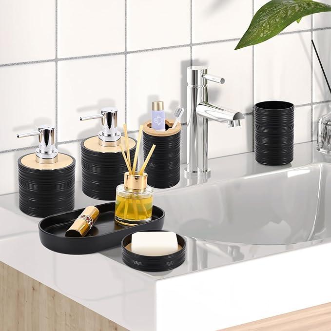 XLHOMO Black Bathroom Set, Black Bathroom Accessories Set with Trash Can, 2PCS Soap Dispensers, Soap Dish, Toothbrush Holder, Toothbrush Cup,Toilet Brush, Tray and Qtip Holders for Bathroom Decor - ModernBath