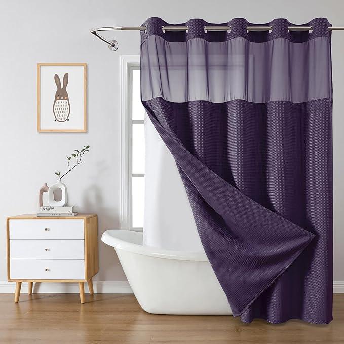 eachope Purple Extra Long No Hook Waffle Weave Shower Curtain with snap-in Liner Replacement, 230GSM Waterproof Fabric Hotel Shower Curtain Set for Bathroom, Through Mesh Top Window,71Wx86H - ModernBath