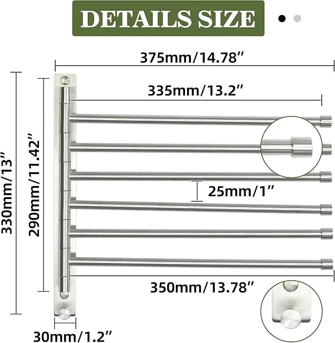 Alise Swivel Towel Rack, SUS304 Stainless Steel 6 Arms Towel Bar, Space Saving Swing Out Towel Bar with Hook, Towel Racks Wall Mounted for Bathroom, Brushed Nickel - ModernBath