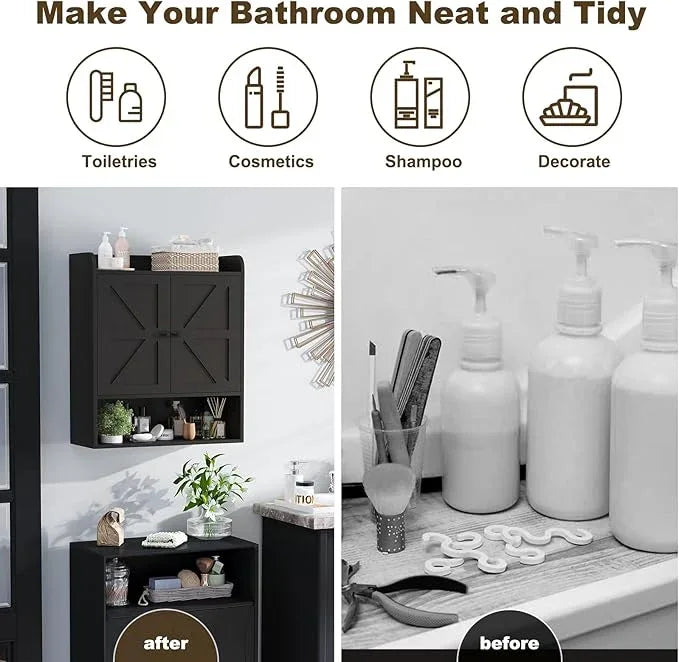 EasyCom 22" W x 26" H Bathroom Wall Cabinet, Farmhouse Medicine Cabinet with Adjustable Shelves and Double Barn Doors, Over The Toilet Storage Cabinet for Bathroom, Kitchen, Living Room, Black - ModernBath