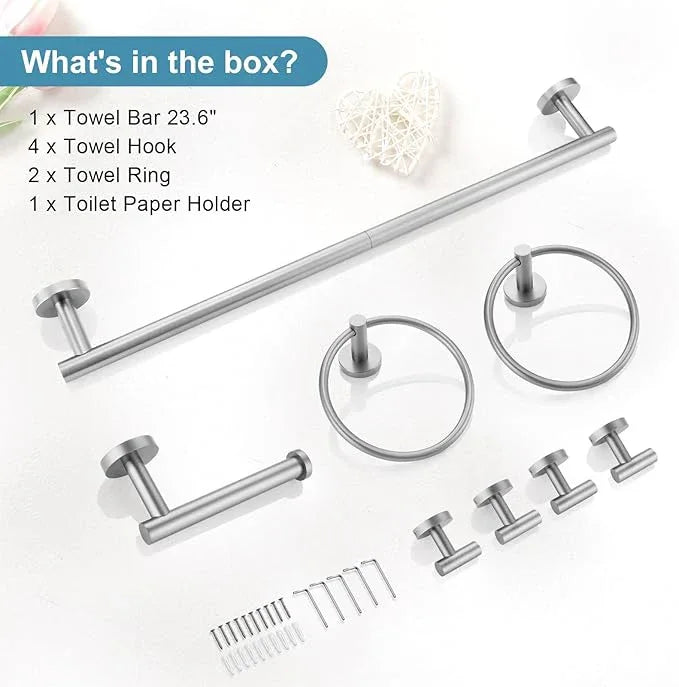 TQKAG 8-Pieces Bathroom Hardware Set Brushed Nickel SUS304 Stainless Steel Bath Towel Bar Set 23.6 Inch Round Bathroom Accessories Kit Wall Mounted - ModernBath