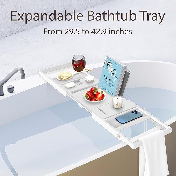 Wooden Bathtub Tray - Foldable & Expandable Bamboo Bath Tray for Tub with Wine Holder, Book & Tablet Stand - Bath Caddy Tray for Bathtub, Spa Bath Accessories, Tub Tray Table, Gifts for Her (White) - ModernBath