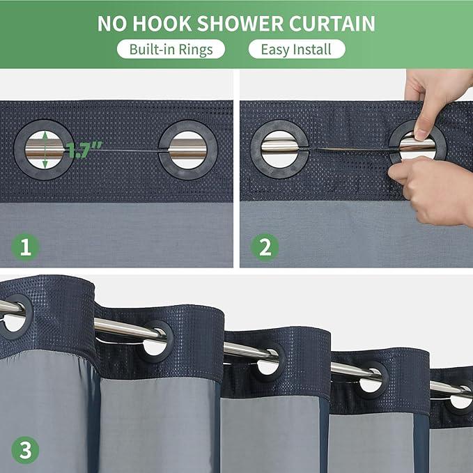 eachope Stall No Hook Shower Curtain with Snap-in Fabric Liner Set,Waffle Weave Shower Curtains for Bathroom,Hotel Luxury Decor Bathroom Curtain Set,Waterproof & Washable,Navy,54Wx80H - ModernBath