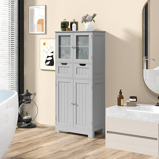 Tangkula Tall Bathroom Storage Cabinet, Freestanding Floor Cabinet w/ 2 Double Door & 2 Drawers, 3-Position Adjustable Shelves, Bathroom Storage for Living Room Kitchen