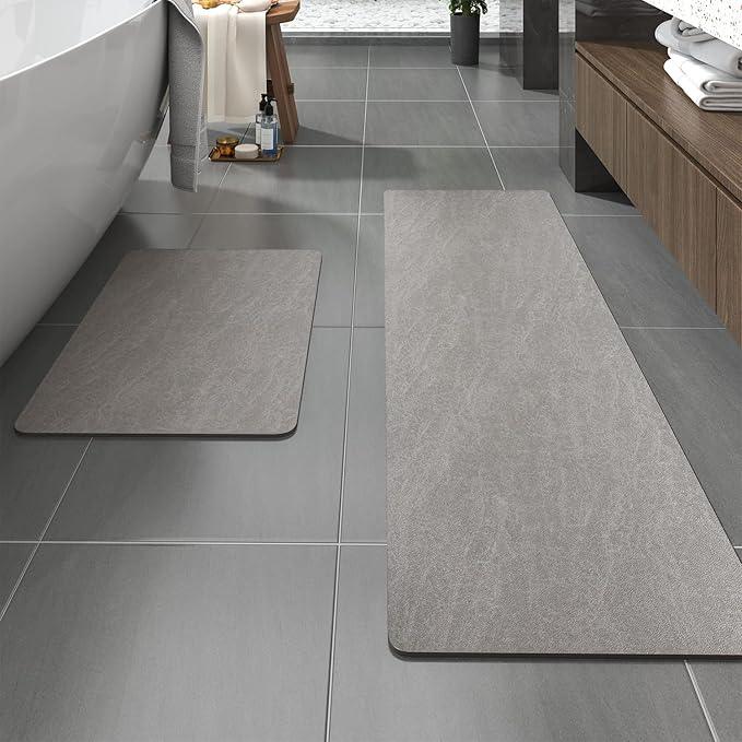 MontVoo -Bath Mat-Rubber Backing Non Slip Quick Dry Absorbent Thin Bathroom Rugs Fit Under Door-Faux Suede Surface Bathroom Floor Mats-Shower Rug for in Front of Bathtub Shower Gray Rug Set - ModernBath