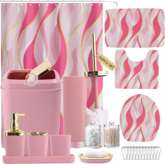 XLHOMO Bathroom Set - Pink and Gold Bathroom Accessories, Bathroom Sets with Shower Curtain and Rugs, Pink Shower Curtain Set with Bathroom Trash Can, Soap Dispenser, Soap Dish for Home Decor