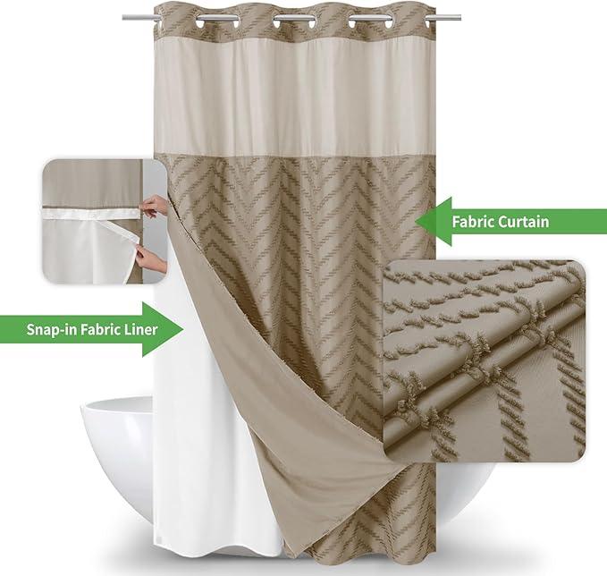 eachope No Hook Boho Farmhouse Shower Curtain with Snap-in Fabric Liner set-54Wx80H(78H),Beige Tufted Chevron Striped Hotel Grade Cloth Shower Curtains for Bathroom with Window,Water Repellent - ModernBath