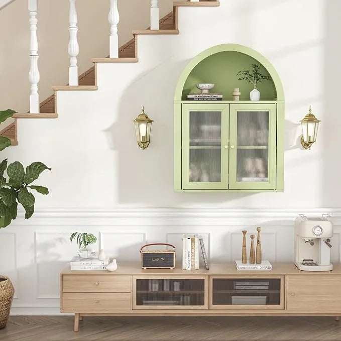 Bathroom Wall Cabinet, Arched Cabinet Wall Mount, 2 Acrylic Doors, 1 Adjustable and Removable Shelf, for Laundry Room, Living Room, Restroom, Kitchen, Green - ModernBath