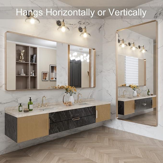 LOAAO 72”X32” Gold Bathroom Mirror, Rounded Rectangle Gold Frame Mirror, Brushed Gold Bathroom Vanity Mirror Wall-Mounted, Anti-Rust, Tempered Glass, Hangs Horizontally or Vertically - ModernBath