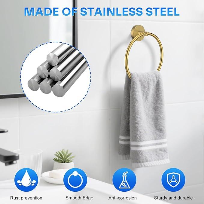 Hand Towel Holder Screw-in Gold Towel Ring for Bathroom Wall Stainless Steel Towel Hanger Round Towel Racks for Bathroom Decor and Accessories, 2 Packs - ModernBath