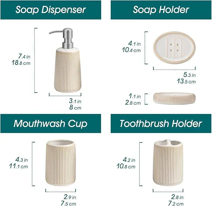 vancasso Ceramic Bathroom Accessories Set 4 Piece, Soap Dispenser with Stainless Steel Pump, Toothbrush Holder, Tumbler and Soap Dish, Modern Relief Design, Bathroom Decor Organizer, Beige-White - ModernBath