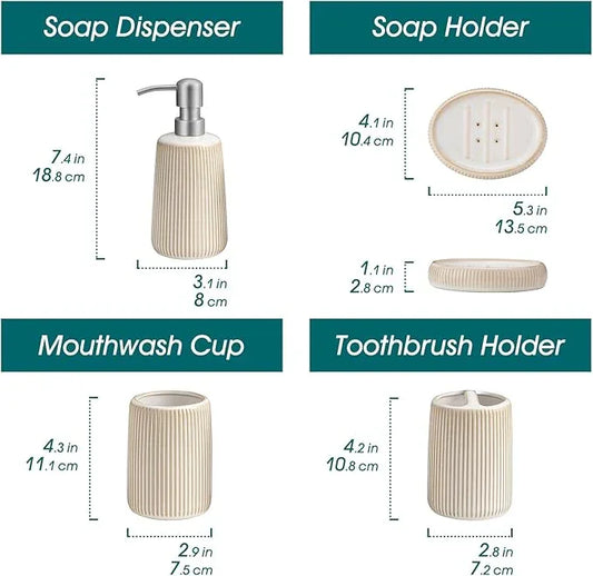 vancasso Ceramic Bathroom Accessories Set 4 Piece, Soap Dispenser with Stainless Steel Pump, Toothbrush Holder, Tumbler and Soap Dish, Modern Relief Design, Bathroom Decor Organizer, Beige-White - ModernBath