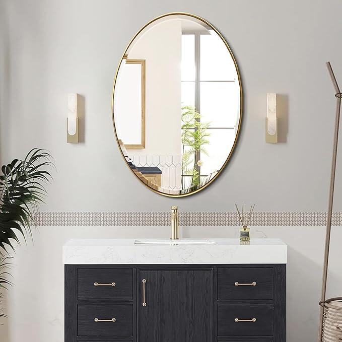 POZINO Vanity Beveled Mirrors, 22"x30" Oval Mirror for Over Sink, Modern Brass Mirror with Stainless Steel Frame, Brush Gold Rounded Mirrors for Bathroom Bedroom Living Room, Horizontal Or Vertical ﻿ - ModernBath
