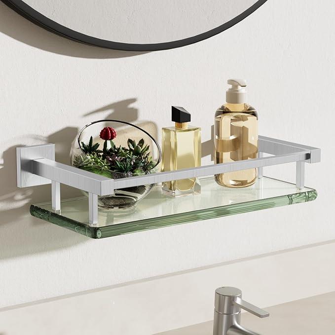 Alise Glass Shelves for Bathroom Wall, Tempered Glass Bathroom Shelf Wall Mounted, Modern Space Saving Floating Shelves 12 inch, Brushed Nickel - ModernBath