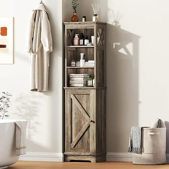 Narrow Bathroom Storage Cabinet with Door and Open Adjustable Shelves, 60.9" H Wooden Tall Tower Corner Farmhouse Cabinet, Freestanding Organizer for Kitchen, Entryway Grey - ModernBath