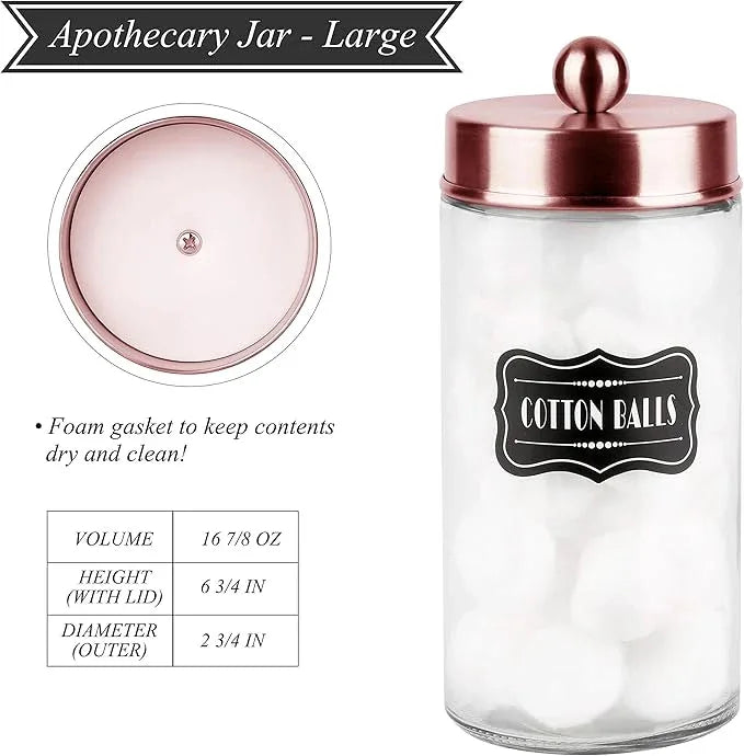 Apothecary Jars 3 Pack - Glass Bathroom Containers with Stainless Steel Lids - Rustic Farmhouse Decor Bathroom Accessories, Vanity Organizer Apothecary Jars for Qtip/Cotton Balls (Rose Gold) - ModernBath