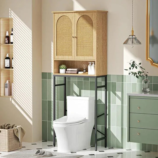 Rattan Toilet Storage Cabinet, Over the Rack Wood Cabinet with Metal Stand, Bathroom Organizer with Adjustable Shelf, Tall Freestanding Washer Shelf, Small Cupboard, Space Saver, Natural style - ModernBath