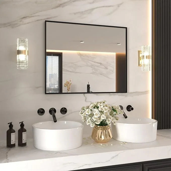 LOAAO 40"X32" Black Rectangle Bathroom Mirror Wall, Matte Black Aluminum Alloy Frame, Tempered Glass, Hangs Vertically or Horizontally, Easy to Install - ModernBath