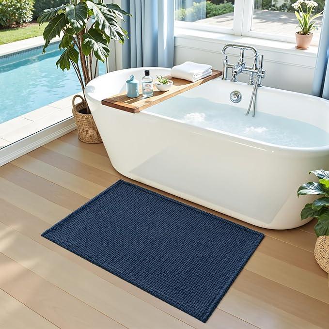 DEXI Bathroom Rugs 20x32, Non Slip Washable Bath Mat, Absorbent Chenille Bathmat, Ultra Soft Thick Carpet for Tub Shower Floor, Navy - ModernBath