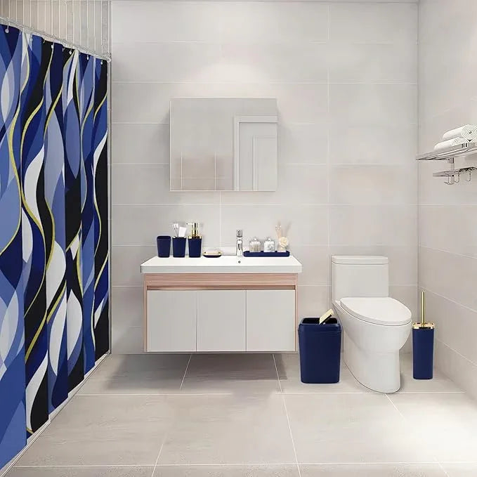 XLHOMO Blue Bathroom Set, Bathroom Sets with Stripe Shower Curtain, Navy Blue and Gold Bathroom Accessories with Trash Can, Soap Dispenser, Soap Dish, Toilet Brush Holder, Qtip Holders for Bathroom - ModernBath