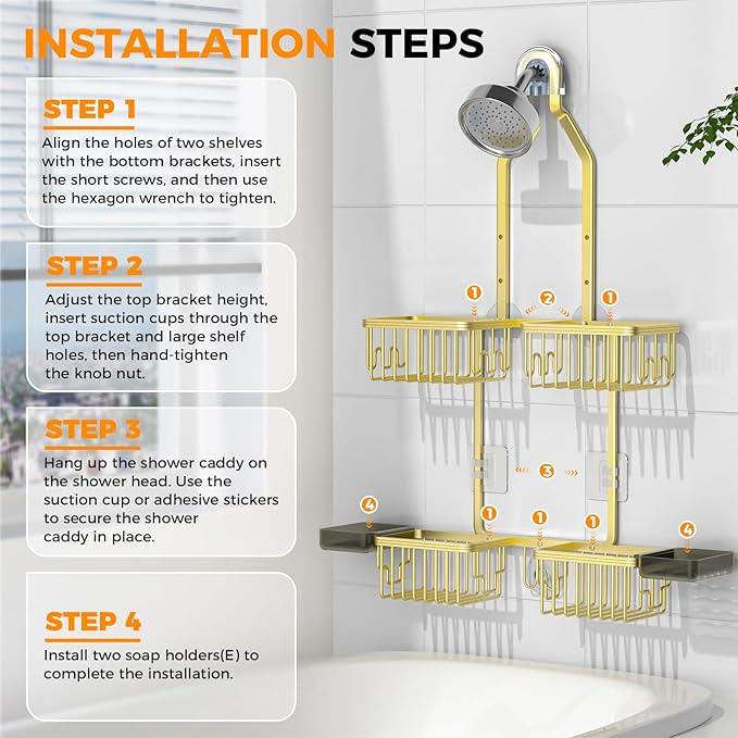 REINHARDT Aluminum Shower Caddy Hanging Adjustable Shower Caddy, Rustproof Hanging Shower Organizer with Hooks Soap Holders, Over Shower Head Caddy for Handheld Showerhead, Gold - ModernBath