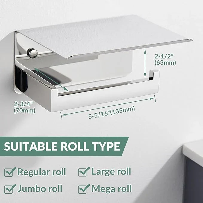 Toilet Paper Holder with Phone Shelf Polished Chrome, APLusee Bathroom Accessories 304 Stainless Steel Tissue Roll Dispenser Storage Wall Mounted - ModernBath