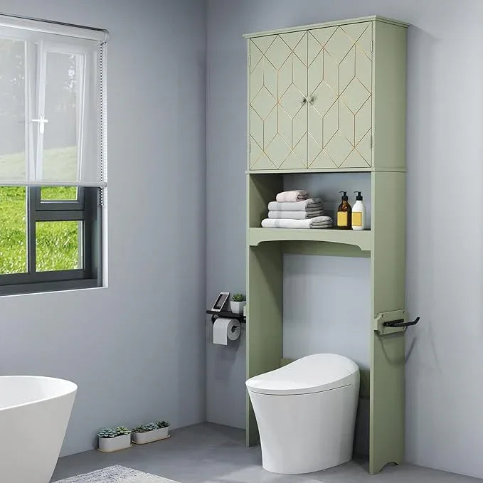 HLR Over The Toilet Storage Cabinet with Gold Trim, Over Toilet Bathroom Organizer with Adjustable Shelves and Toilet Paper Holder, Above Toilet Storage Cabinet Spacesaver for Bathroom (Green) - ModernBath