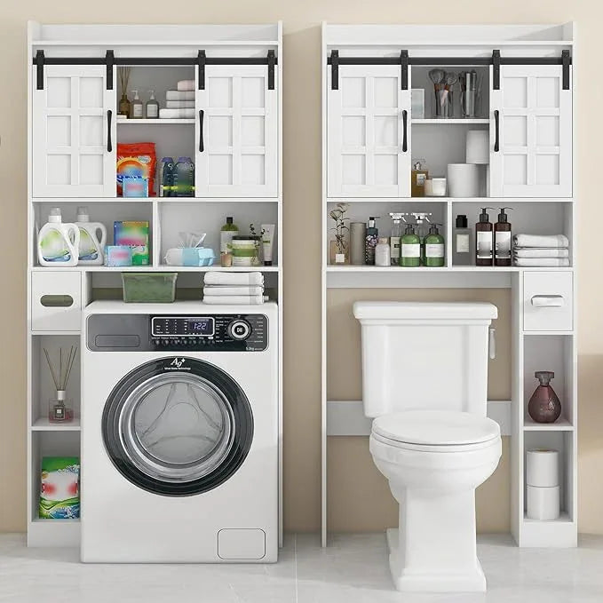 Over The Toilet Storage Cabinet, Farmhouse Storage Cabinet Over Toilet with Sliding Doors，Home Space-Saving Toilet Rack, for Bathroom, Restroom, Laundry,White - ModernBath