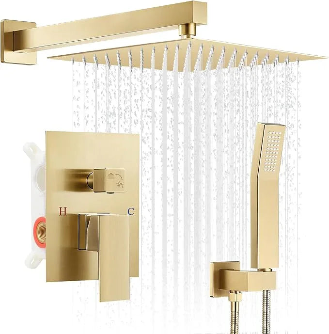 RNDIOZD Gold Shower Faucet Set, 10 inch Rain Shower System with Pressure Balance Valve, Wall Mounted 2-Functions Bathroom Shower Systems with Rain Shower and Handheld Spray Shower Trim Included - ModernBath