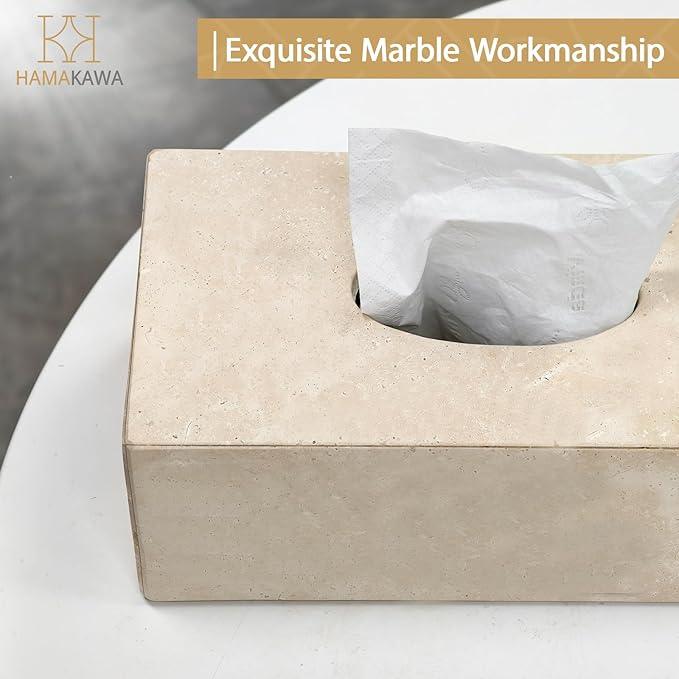 HAMAKAWA Natural Marble Tissue Box Cover, Beige Tissue Organizer L 10 x W 5.5 x H 3.5 Inch, Heavy Stone Decorative Box, Square Tissue Box Holder for Home Decor, Kitchen, Bathroom - ModernBath