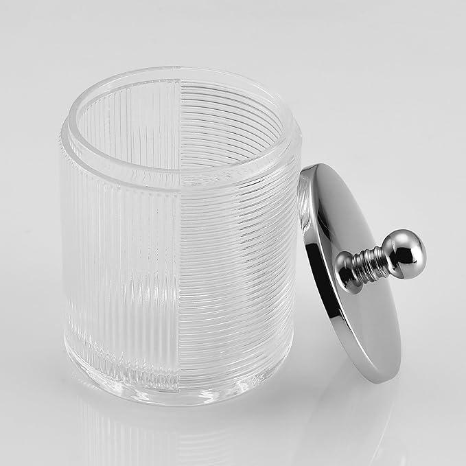 Indecor Home Clear Transparent Apothecary Ribbed Geometric Etched Glass Jar W/Silver/Chrome Metal Lid Cover for Bathroom Organization, Cotton Balls, Q Tips, and Small Accessories, Bathroom Storage - ModernBath