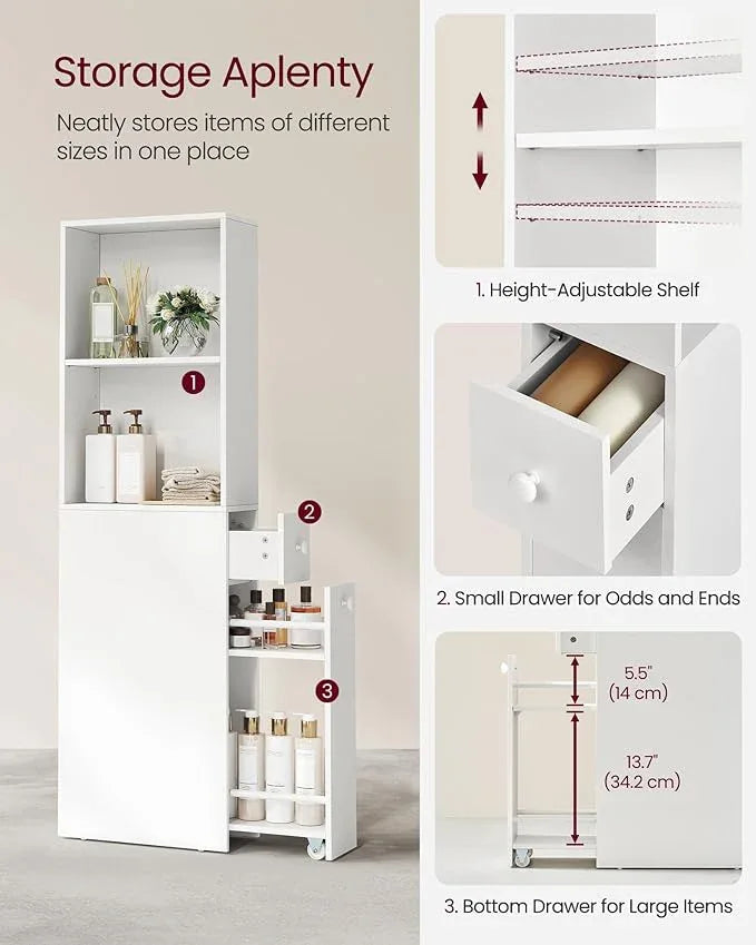 VASAGLE Slim Storage Cabinet, Narrow Freestanding Cabinet with Drawers and Adjustable Shelf, Modern Linen Tower for Living Room Bathroom Bedroom, White UBBK567T14 | Narrow, Freestanding, Storage Drawers, Adjustable Shelf, Modern Style - ModernBath