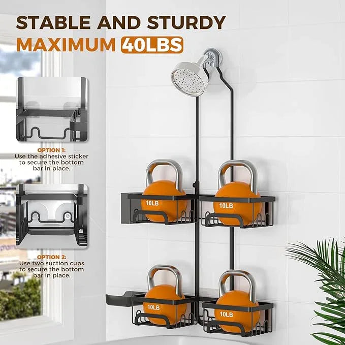 REINHARDT Shower Caddy Hanging for Handheld Showerheads Adjustable Split Shower Caddy, Rustproof Shower Organizer with Hooks for Razors Over the Head Caddy with Soap Holder Bathroom Accessories, Black - ModernBath