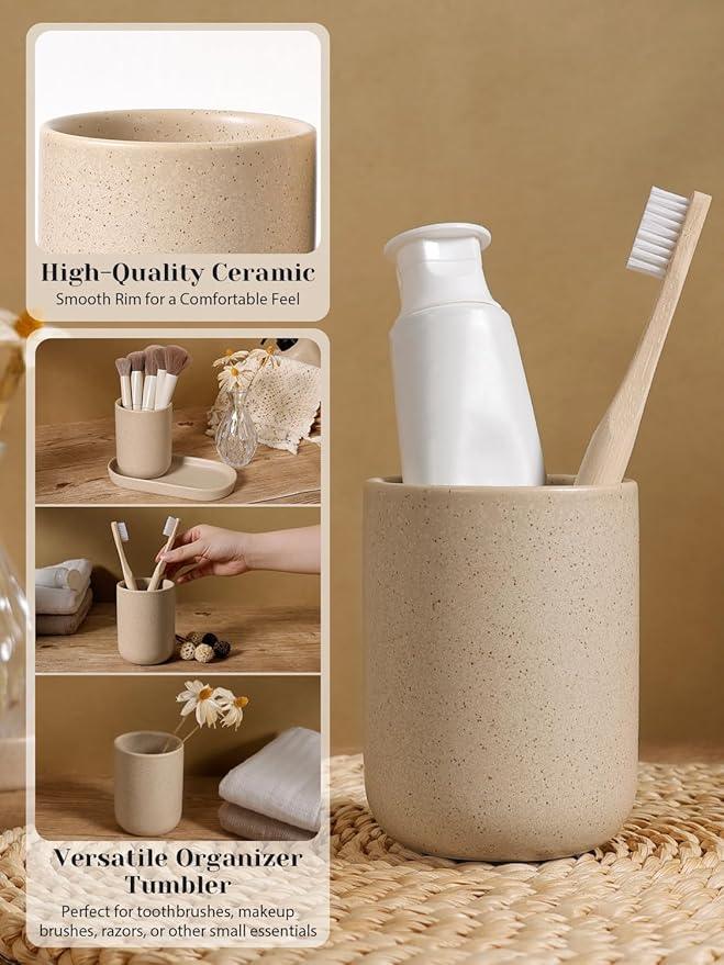 INGOFIN 3 Pcs Ceramic Bathroom Accessory Set - Liquid Soap Dispenser, Toothbrush Holder & Tray, Bathroom Counter Set, Countertop Essentials for Home, Guest Bathroom, or Office Use, Beige - ModernBath