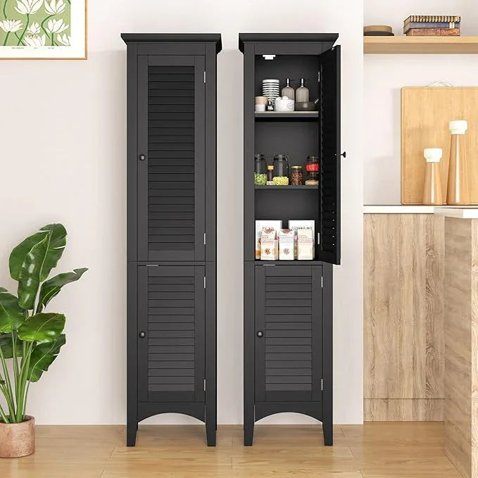 Tangkula 63" Tall Bathroom Storage Cabinet, Freestanding Narrow Linen Tower with Adjustable Shelf, Modern Slim Floor Cabinet with 2 Doors for Bathroom, Living Room, Kitchen (Black) - ModernBath