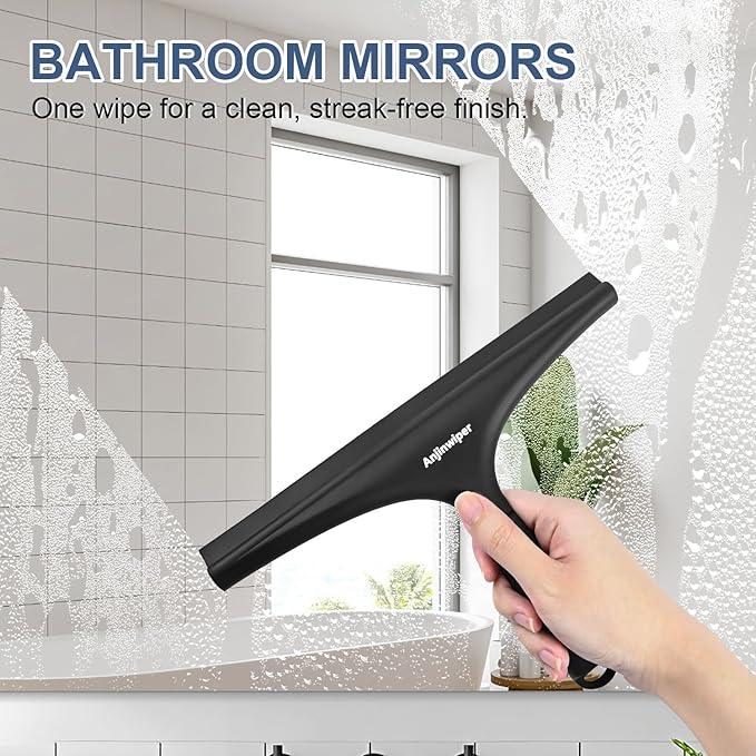 Anjinwiper All-Purpose Shower Squeegee for Glass Doors with Hook, Silicone Squeegee for Shower Glass, Shower Doors, Windows, Bathroom, Mirrors and Tiles（10 inch, Black） - ModernBath
