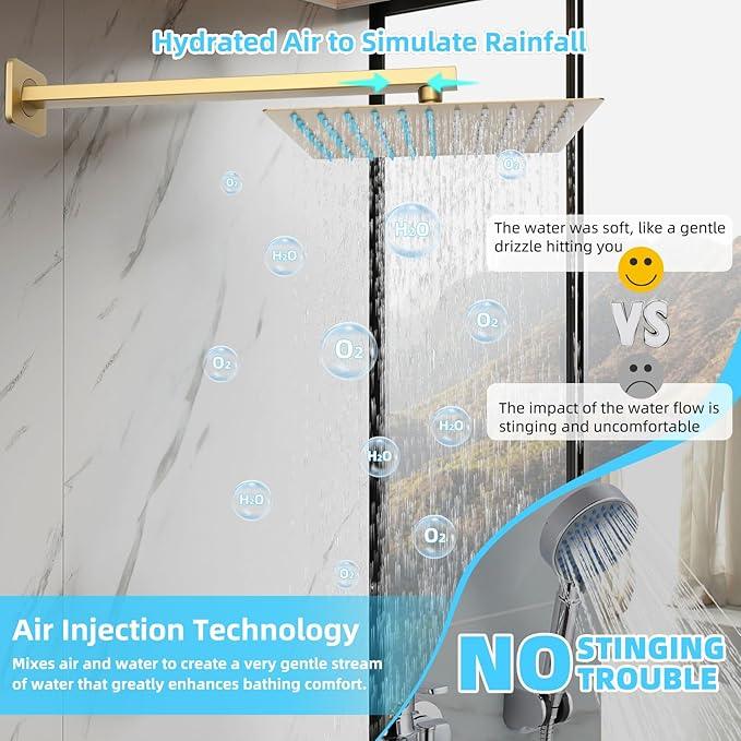 TENIGXT Bathroom Shower Faucet Set，10 Inch Rain Shower Head with Handheld Spray，Brass Shower Valve Trim Kit，Wall Mounted Square Rain Shower System (Brushed Gold) - ModernBath