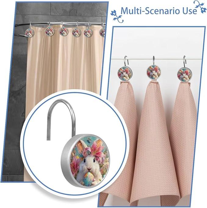 Easter Rabbit and Flowers Shower Curtain Hooks 12Pcs, Decorative Rust Resistant Shower Rings for Shower Curtain Rods, Stainless Steel Round Curtain Hooks for Bathroom, Bedroom, Farmhouse - ModernBath