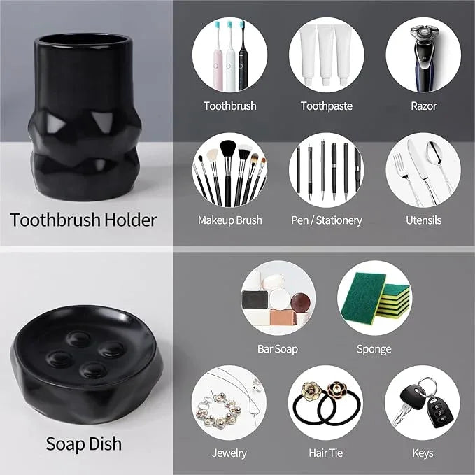 BosilunLife Modern Ceramic Bathroom Accessories Set, Bathroom Counter Set Matte Black Bathroom Decor Sets Accessories Bathroom Foam Soap Dispenser, Toothbrush Holder Set, Soap Dish, Apothecary Jars - ModernBath
