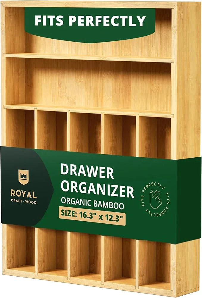 ROYAL CRAFT WOOD Luxury Bamboo Utensil Rack and Silverware Organizer, Kitchen Drawer Organizer - Utensil Holder and Cutlery Tray with Grooved Drawer Dividers for Flatware 7 Slot, Natural - ModernBath