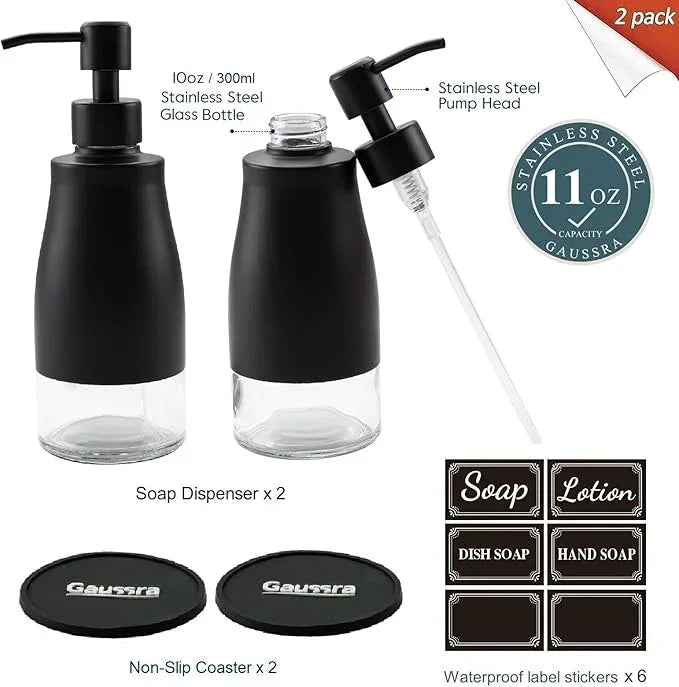 Gaussra Black Soap Dispenser with Coaster and Stickers, Dish Soap Dispenser for Kitchen, Hand Soap Dispenser for Bathroom, 304 Stainless Steel Glass Lotion Dispenser (2 Pack) - ModernBath